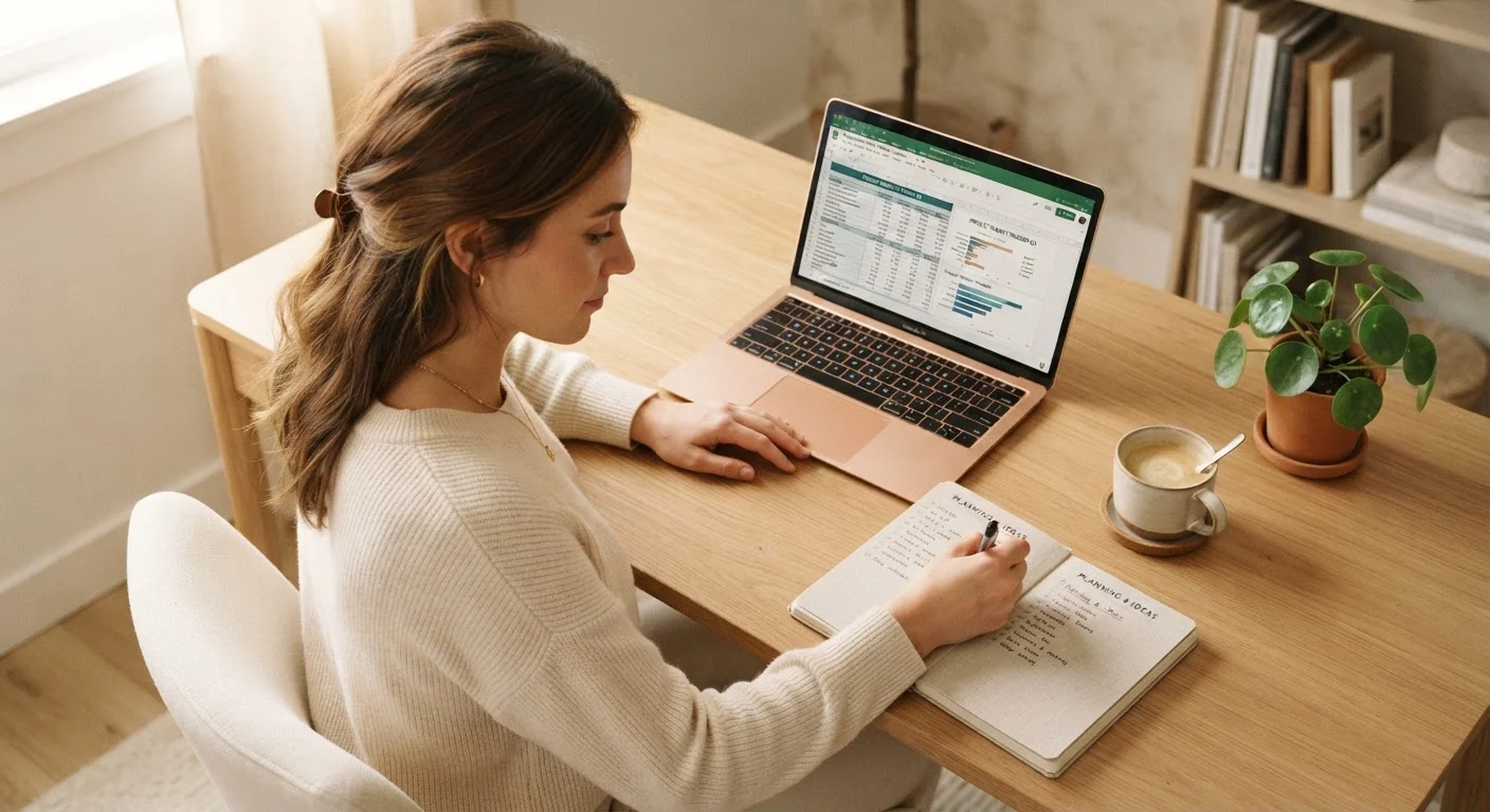 Woman reviewing financial documents at a tidy desk with natural light and a notebook.