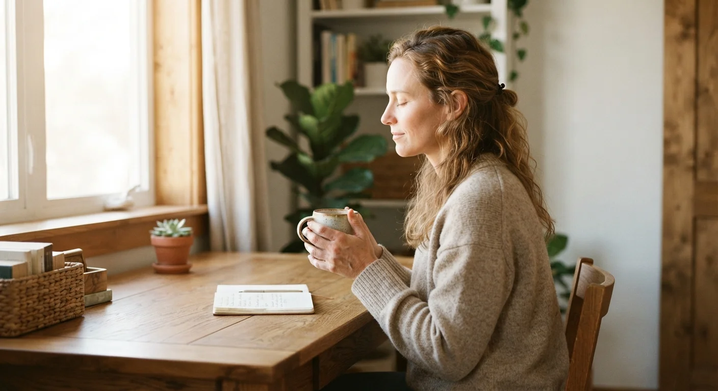 Woman sitting at a sunlit desk with eyes closed, hands holding a warm mug, in quiet morning reflection.
