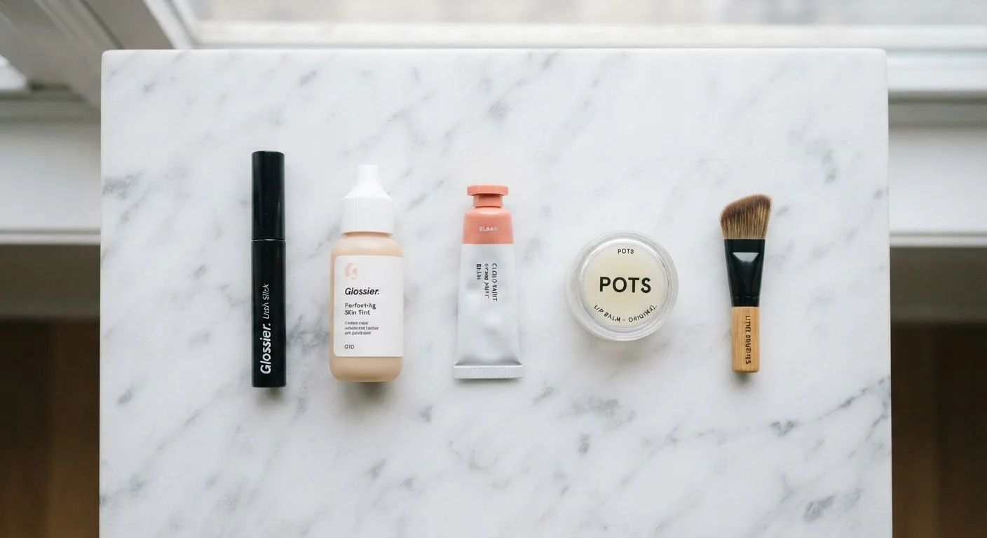 A curated flat lay of beginner makeup essentials including mascara, tinted moisturizer, blush, and a lip product on white marble