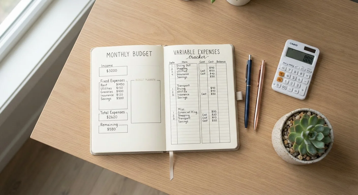 Open budget planner notebook on a clean desk with a calculator and two pens